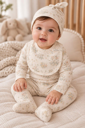A smiling baby sits on a soft, textured blanket, wearing a floral-print cotton outfit and matching hat. The cozy setting features neutral tones, enhancing the comfortable and inviting atmosphere.