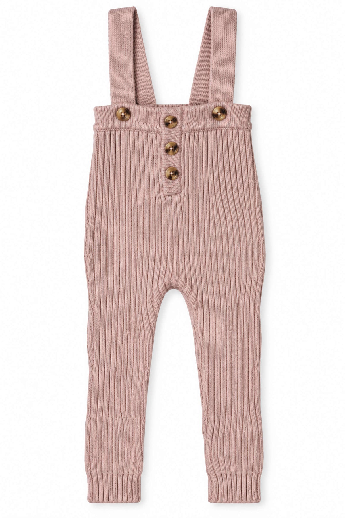 Mauve knit cotton overall for babies and toddlers features a ribbed texture, adjustable straps, and decorative buttons, offering both comfort and style for everyday wear. Made from sustainable cotton.
