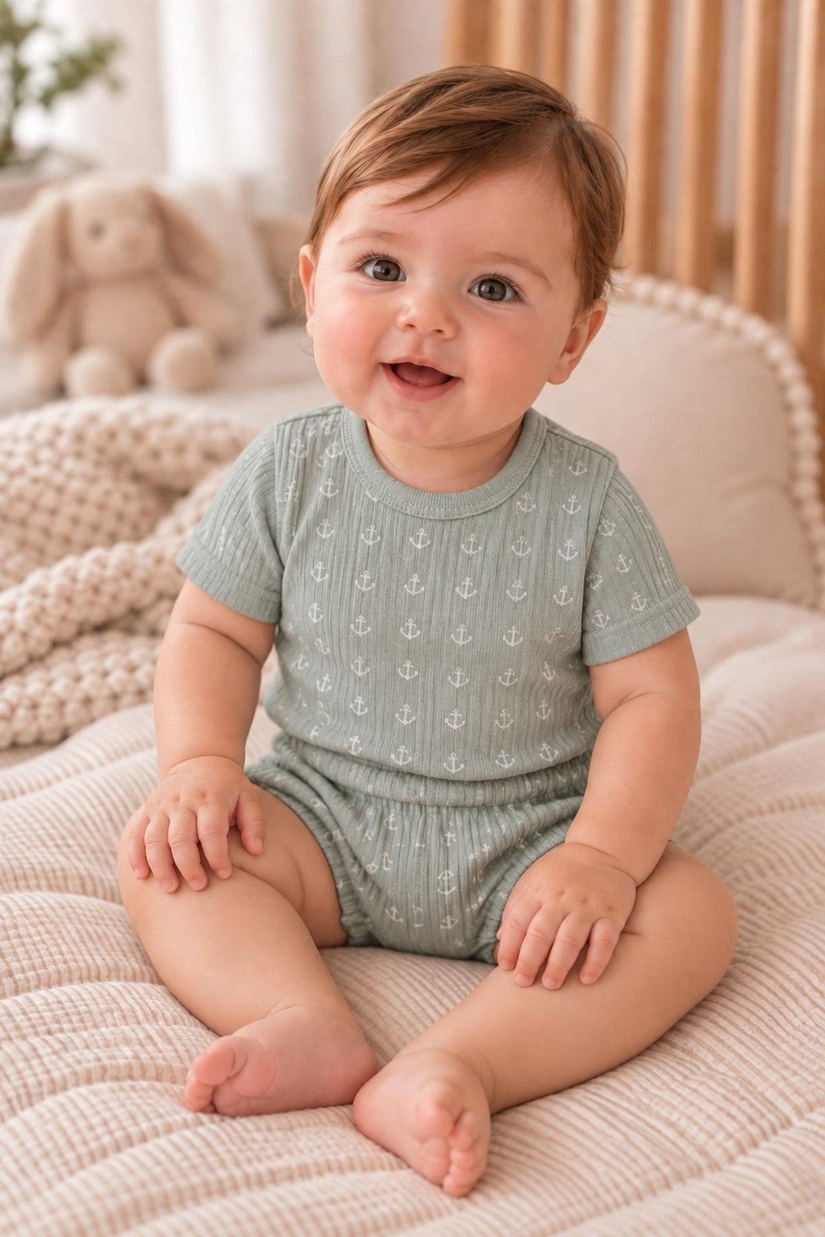 A smiling baby sits on a textured blanket, wearing a light green ribbed onesie with an anchor pattern.
