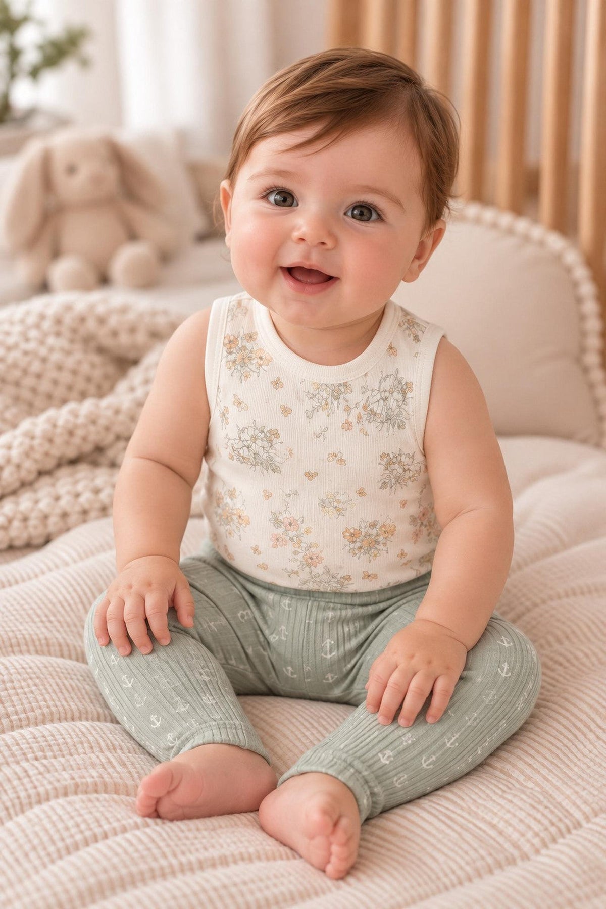 A smiling baby sits on a soft, neutral-toned blanket, wearing sage green leggings with a delicate print and a floral tank top.