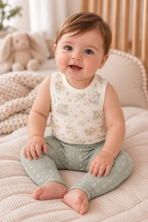 A smiling baby sits on a soft, neutral-toned blanket, wearing sage green leggings with a delicate print and a floral tank top.