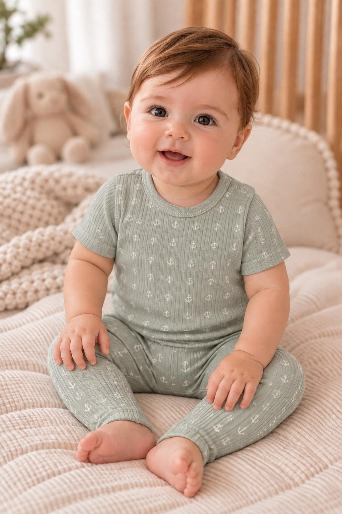 A joyful baby sits on a cozy bed, wearing a sage green cotton onesie adorned with white anchor patterns. The soft, ribbed fabric is perfect for comfort and style.