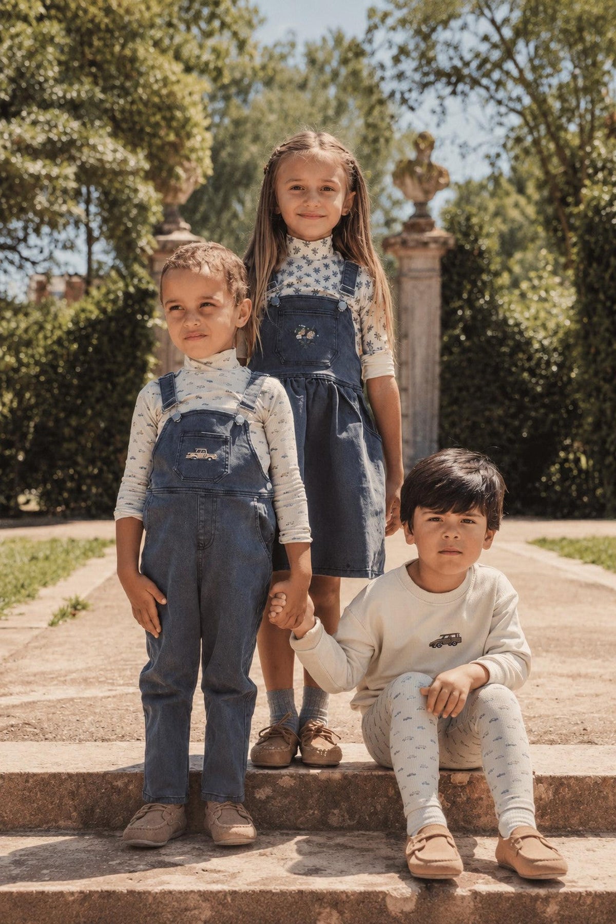 Three children are standing outdoors on stone steps, wearing denim overalls and a dress, paired with patterned long-sleeve shirts. The scene features greenery and bright sunlight, creating a cheerful atmosphere.
