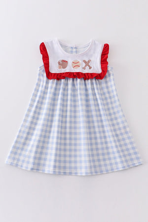 Luna's Blue Plaid Baseball Embroidered Dress