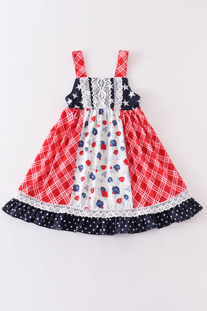 Girl's Patriotic Floral Plaid Lace Smocked Dress | Summer