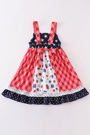 Girl's Patriotic Floral Plaid Lace Smocked Dress | Summer