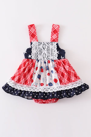 Baby Girls Patriotic Floral Plaid Lace Bubble | Summer