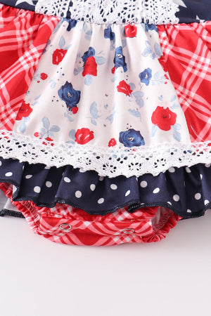 Baby Girls Patriotic Floral Plaid Lace Bubble | Summer