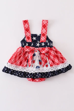 Baby Girls Patriotic Floral Plaid Lace Bubble | Summer