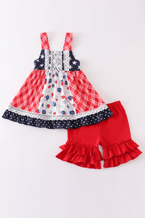 Girl's Patriotic Floral Plaid Lace | 2 Piece Summer Set