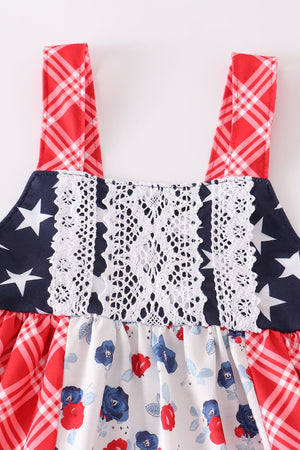 Girl's Patriotic Floral Plaid Lace | 2 Piece Summer Set