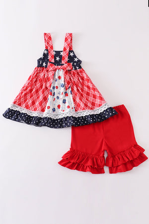 Girl's Patriotic Floral Plaid Lace | 2 Piece Summer Set