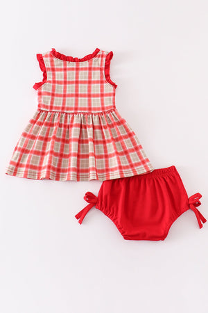 Baby Girl's Red Chicken Embroidered Plaid -2 Piece Set