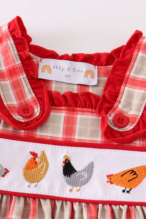 Baby Girl's Red Chicken Embroidered Plaid -2 Piece Set