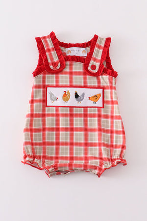 Baby Girl's Red Chicken Embroidered Plaid Bubble