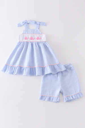 Girl's Blue Whale Embroidered Seersucker | 2 Piece Set