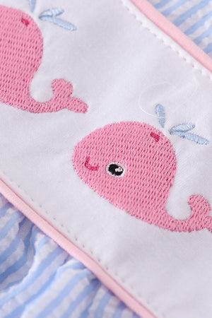 Girl's Blue Whale Embroidered Seersucker | 2 Piece Set