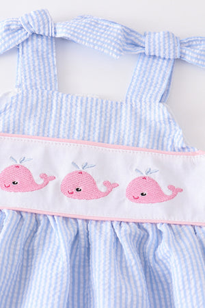 Girl's Blue Whale Embroidered Seersucker | 2 Piece Set