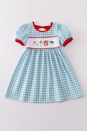 Girl's Blue Plaid Farm Embroidered Summer Dress