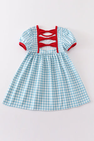 Girl's Blue Plaid Farm Embroidered Summer Dress