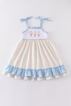 Girl's Multicolored Stripe Ice Cream Applique Summer Dress