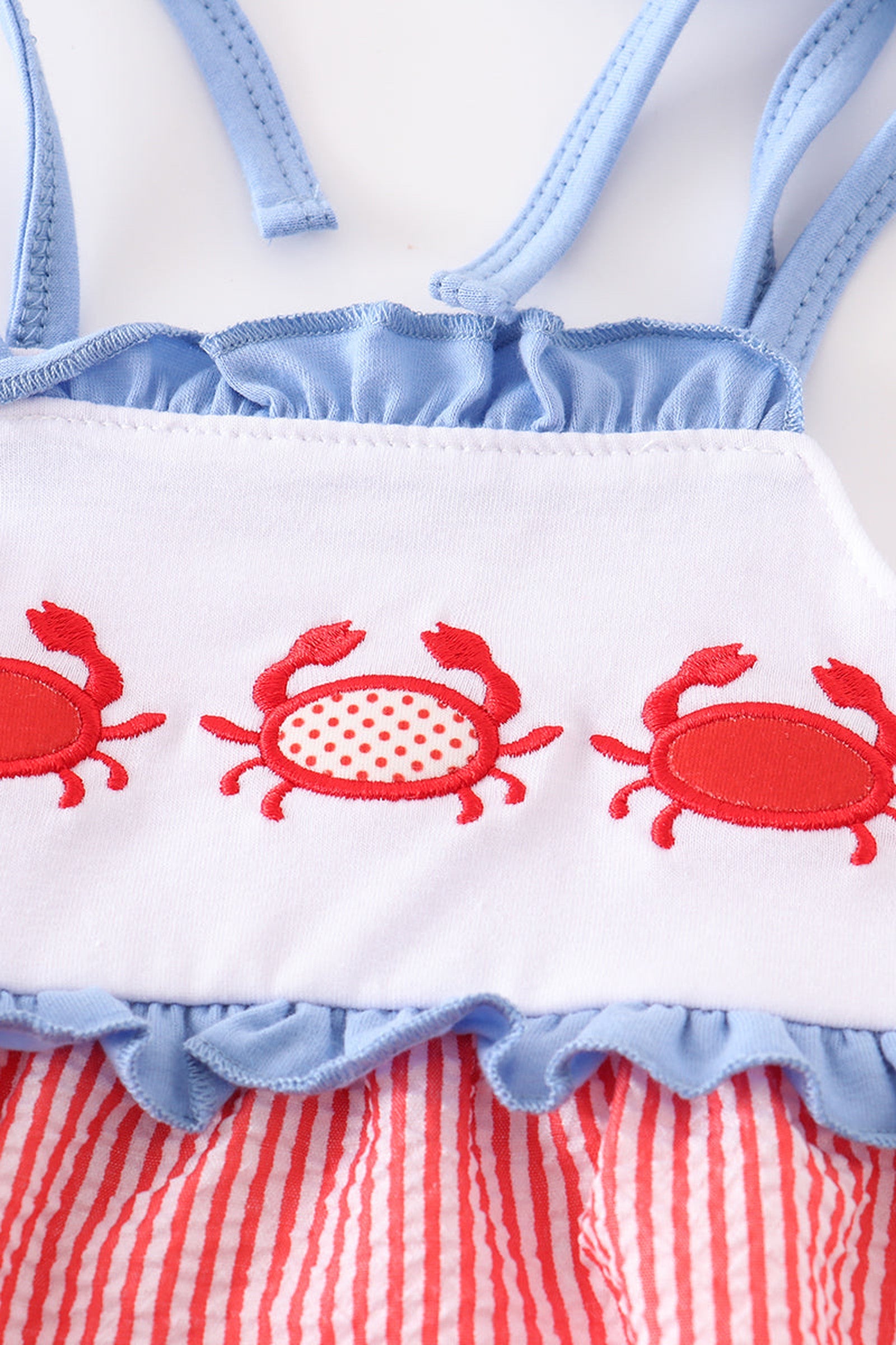 Girl's Red Seersucker Crab Applique Summer Bubble