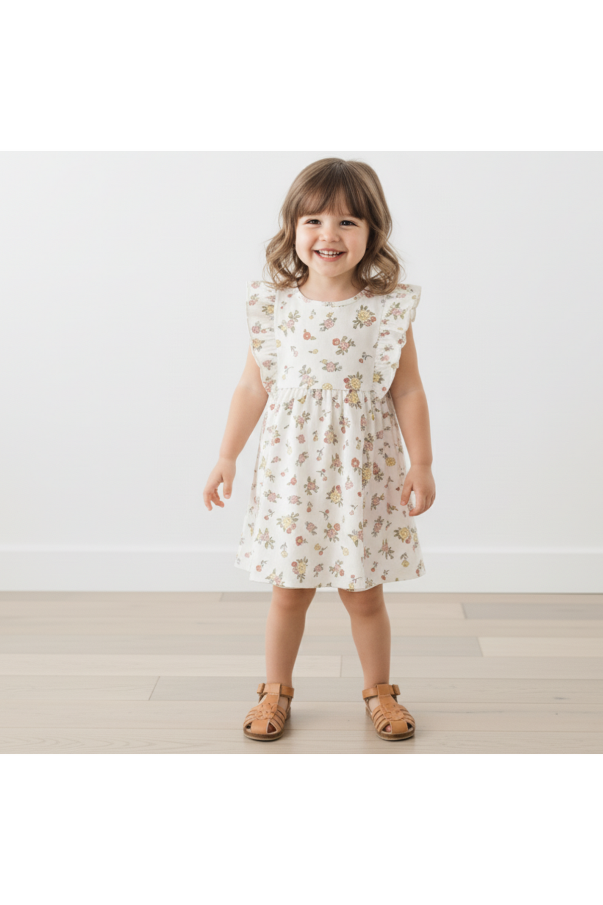 A young girl smiles while wearing a cream-colored organic cotton flutter dress adorned with floral patterns. The dress features ruffled sleeves, showcasing playful details perfect for any baby girls wardrobe.