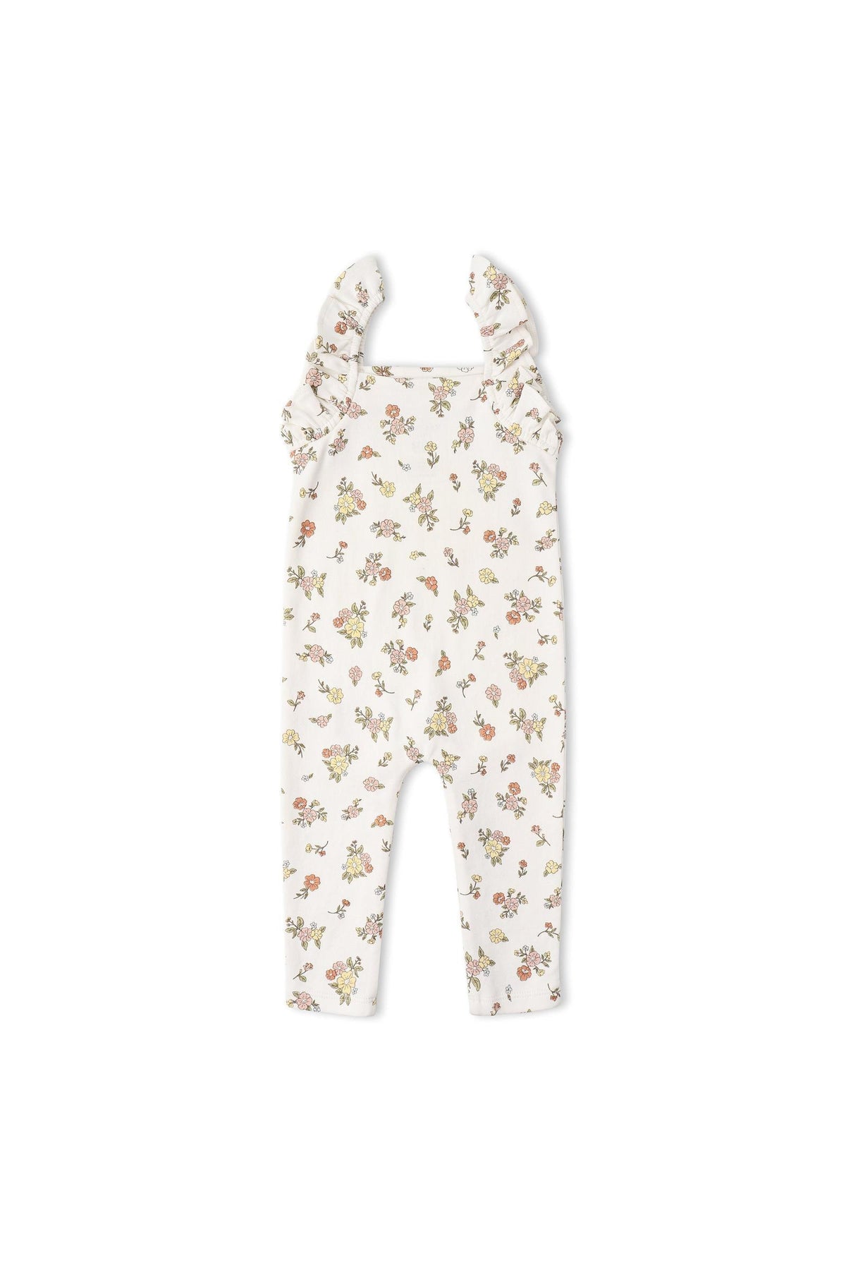 A soft organic cotton romper featuring delicate flutter sleeves and a floral print in pastel colors. Designed for comfort, this one-piece is perfect for babies on sunny days.