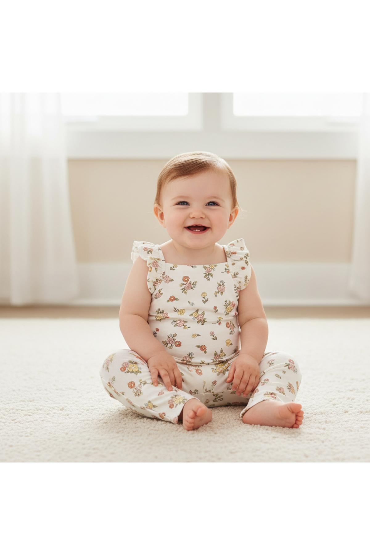 A baby sits on a soft, light-colored carpet, wearing a cream-colored romper adorned with colorful floral patterns and delicate flutter sleeves, showcasing its organic cotton material.