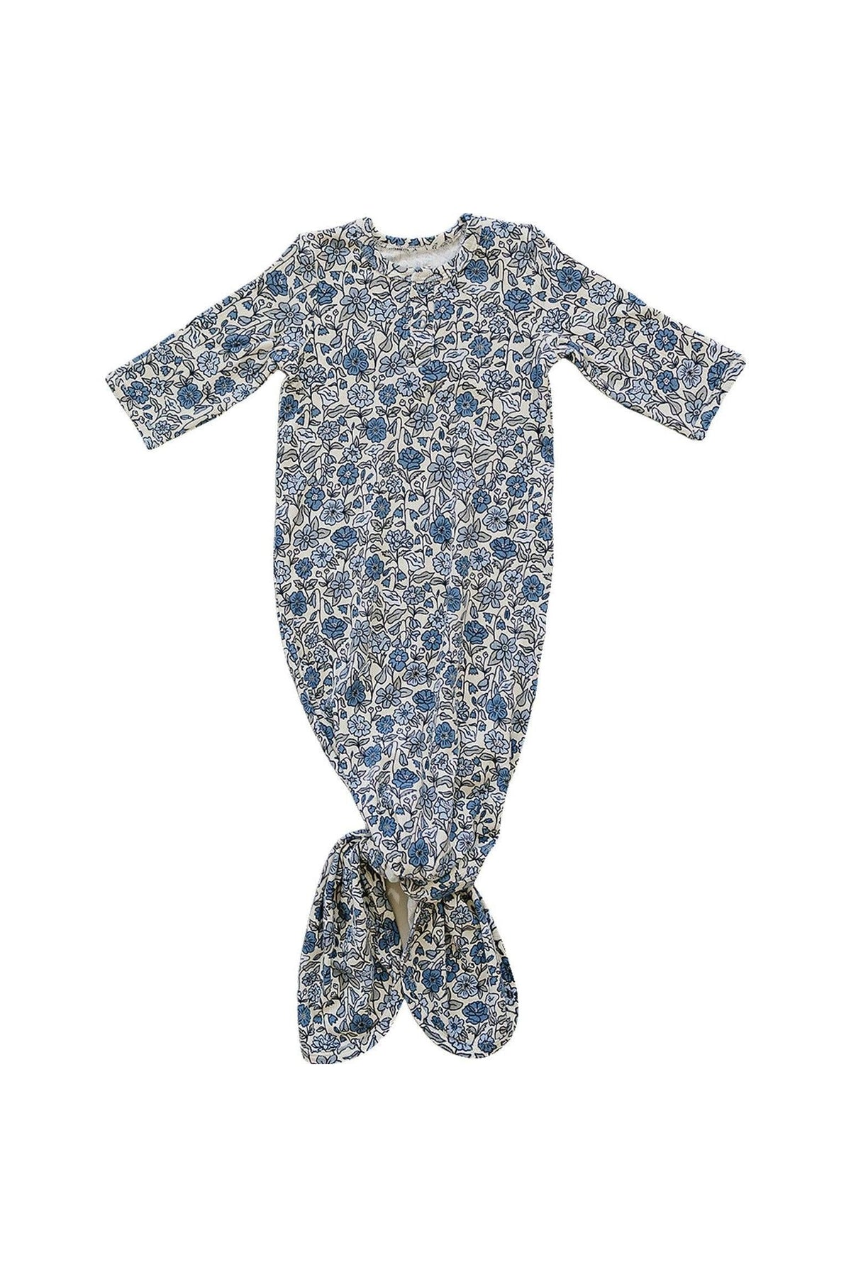 Blue and white floral baby gown with long sleeves and knotted bottom, crafted from soft bamboo fabric.