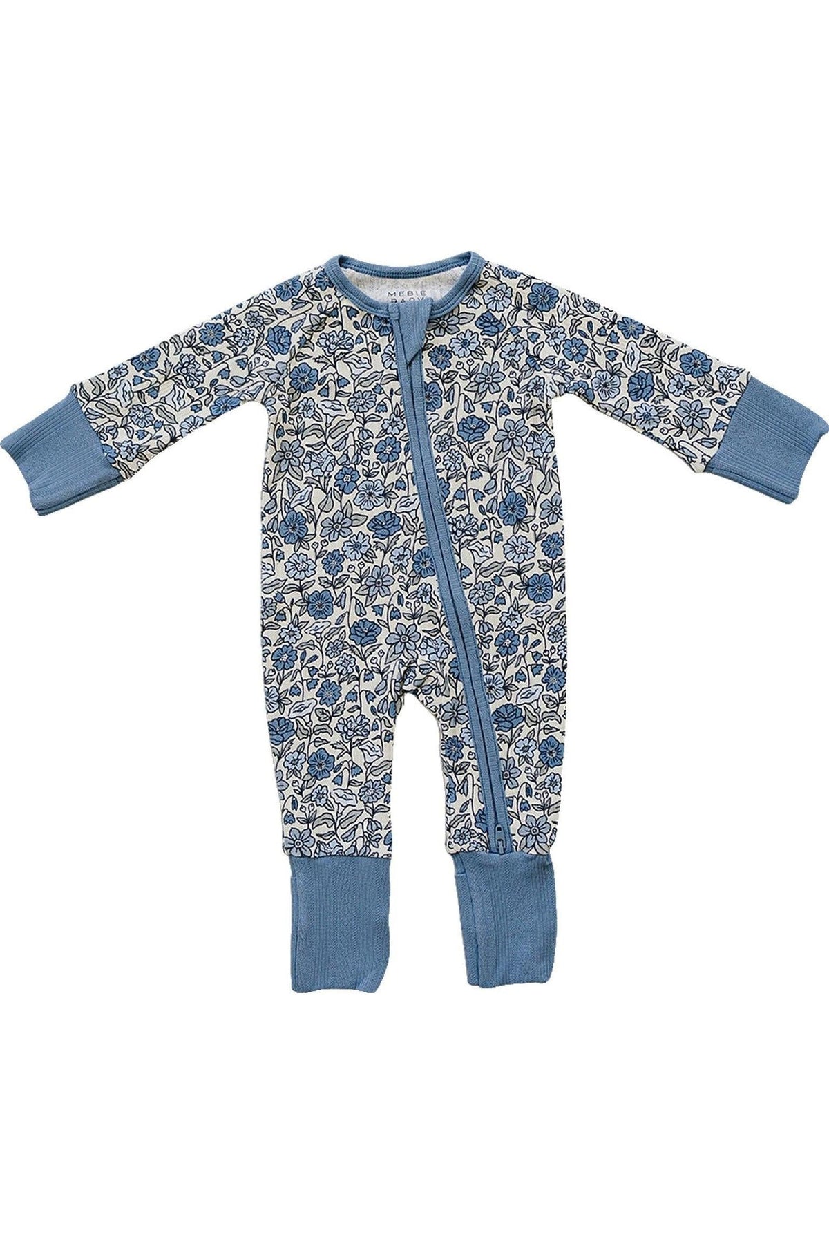 Blue floral baby pajama with ribbed cuffs and a diagonal zipper, designed for comfort and easy diaper changes.
