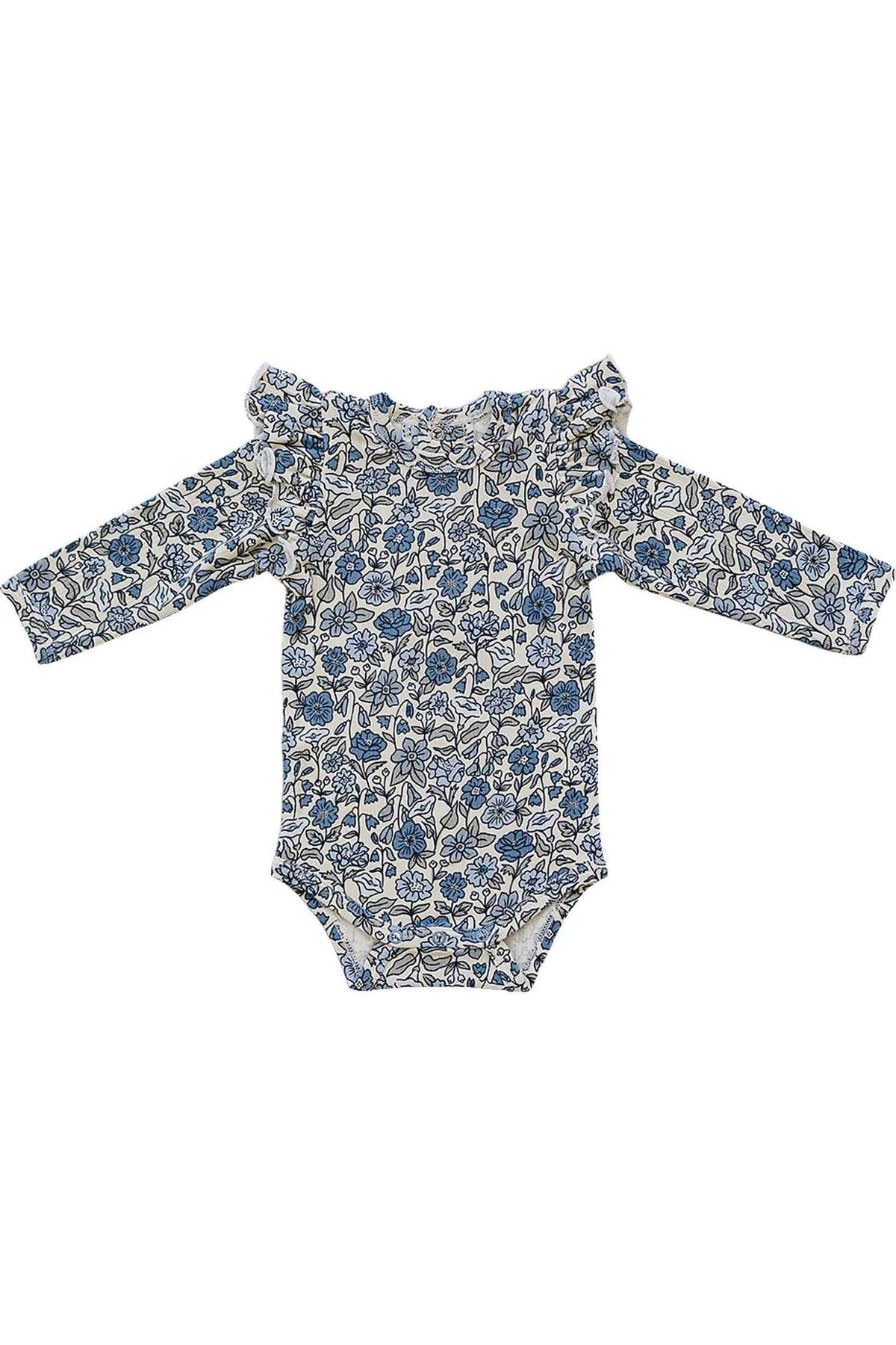 Blue floral baby bodysuit with long sleeves and ruffle details, made from soft, breathable fabric.