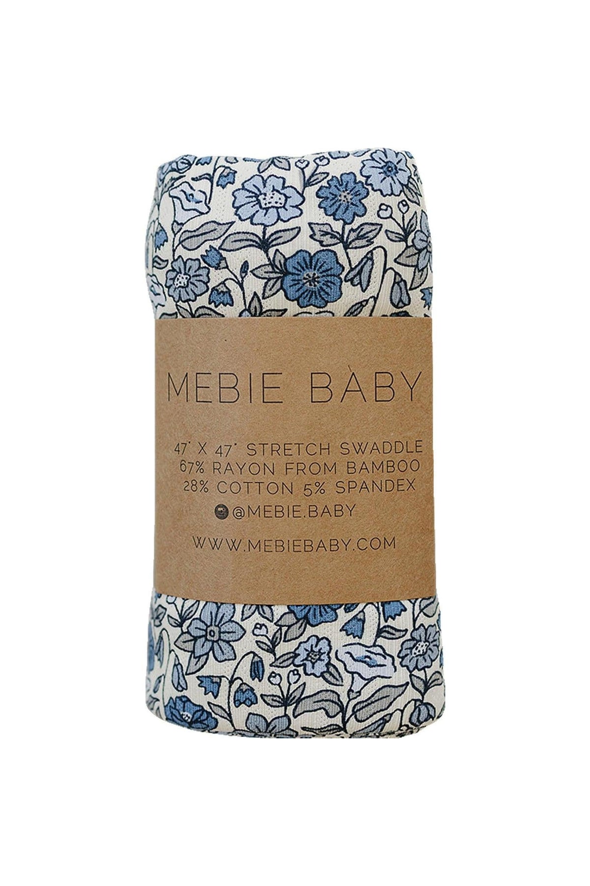 Rolled swaddle blanket with blue floral print, wrapped in a brown paper label reading Mebie Baby.