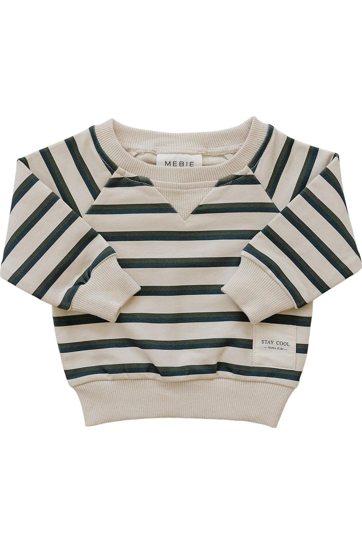 Lightweight, long-sleeve crewneck t-shirt in cream with dark green stripes, made from 95% cotton. Features a relaxed fit and STAY COOL label, ideal for children aged 0-8.
