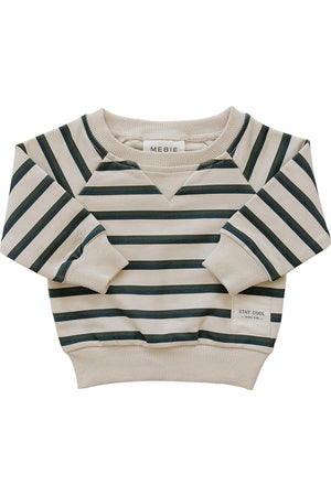 Lightweight, long-sleeve crewneck t-shirt in cream with dark green stripes, made from 95% cotton. Features a relaxed fit and STAY COOL label, ideal for children aged 0-8.