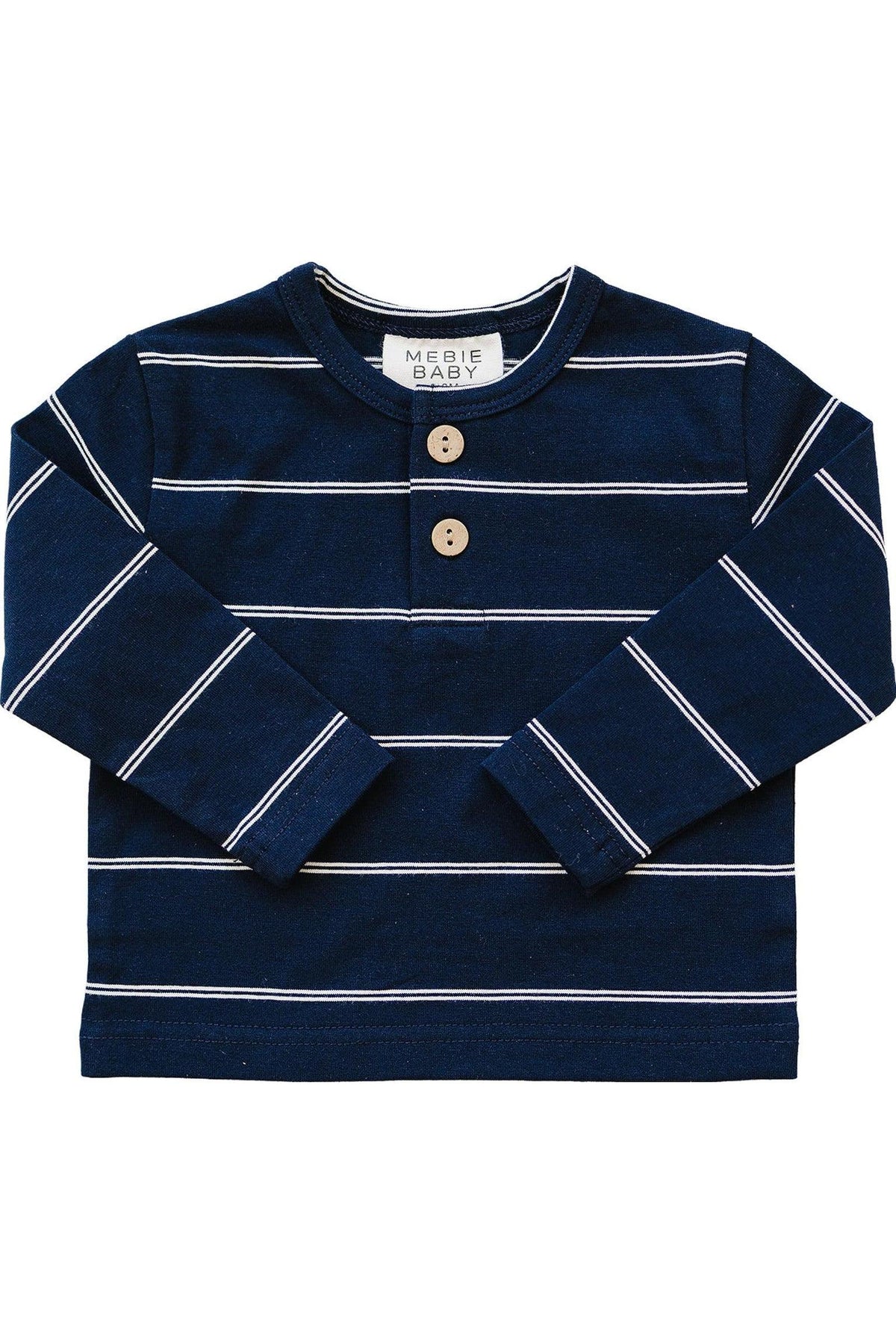 Navy long sleeve T-shirt featuring white stripes and a two-button placket. Made from soft, breathable cotton, this versatile piece is suitable for children aged 0-8.