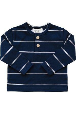 Navy long sleeve T-shirt featuring white stripes and a two-button placket. Made from soft, breathable cotton, this versatile piece is suitable for children aged 0-8.