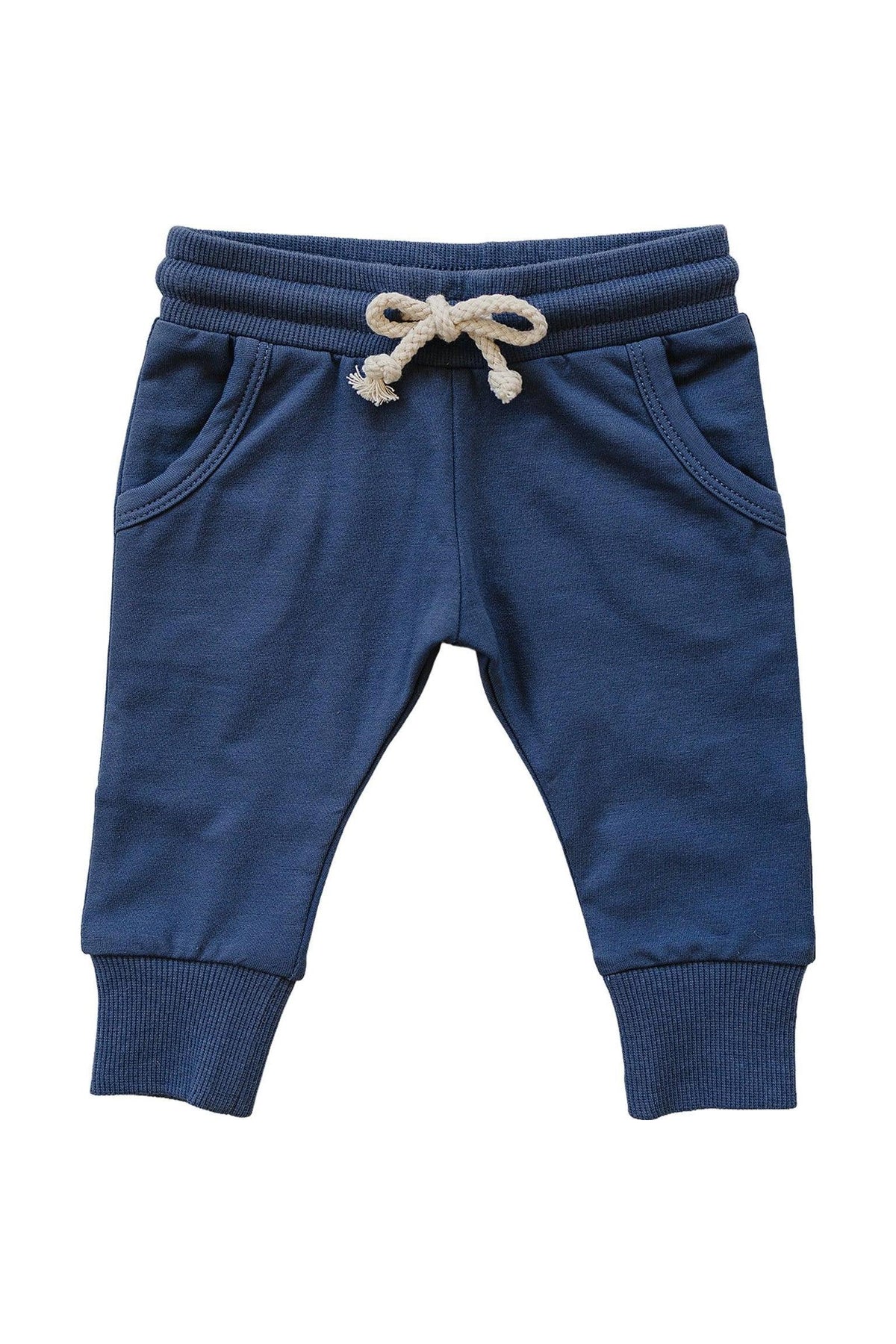 Navy cotton joggers featuring an elastic waistband, functional drawstring, and side pockets, suitable for babies and toddlers.