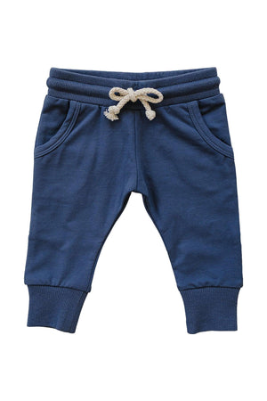 Navy cotton joggers featuring an elastic waistband, functional drawstring, and side pockets, suitable for babies and toddlers.