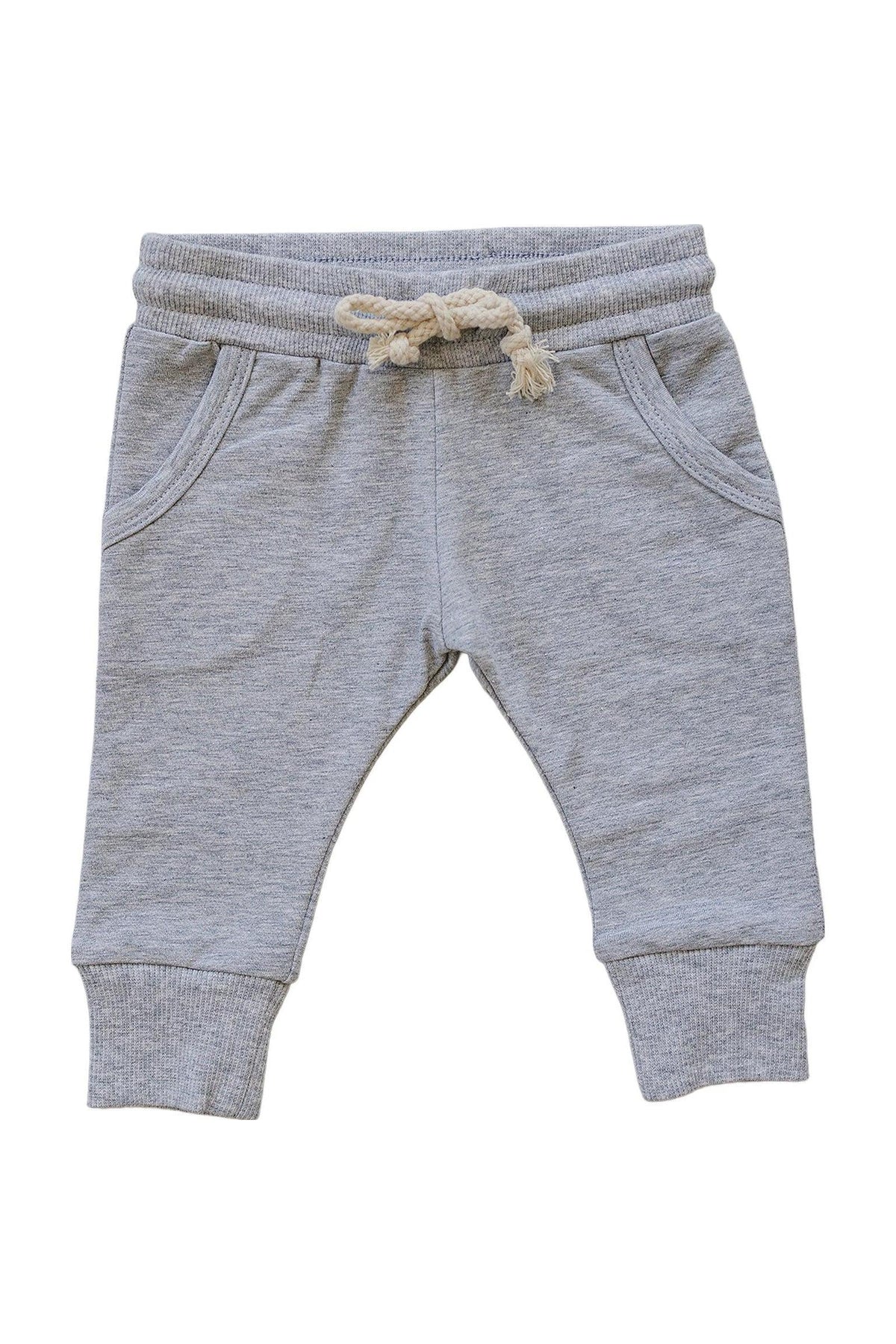 Light grey cotton joggers feature a comfortable elastic waistband with a functional drawstring and two front pockets. These joggers are perfect for babies, toddlers, and kids on the go.