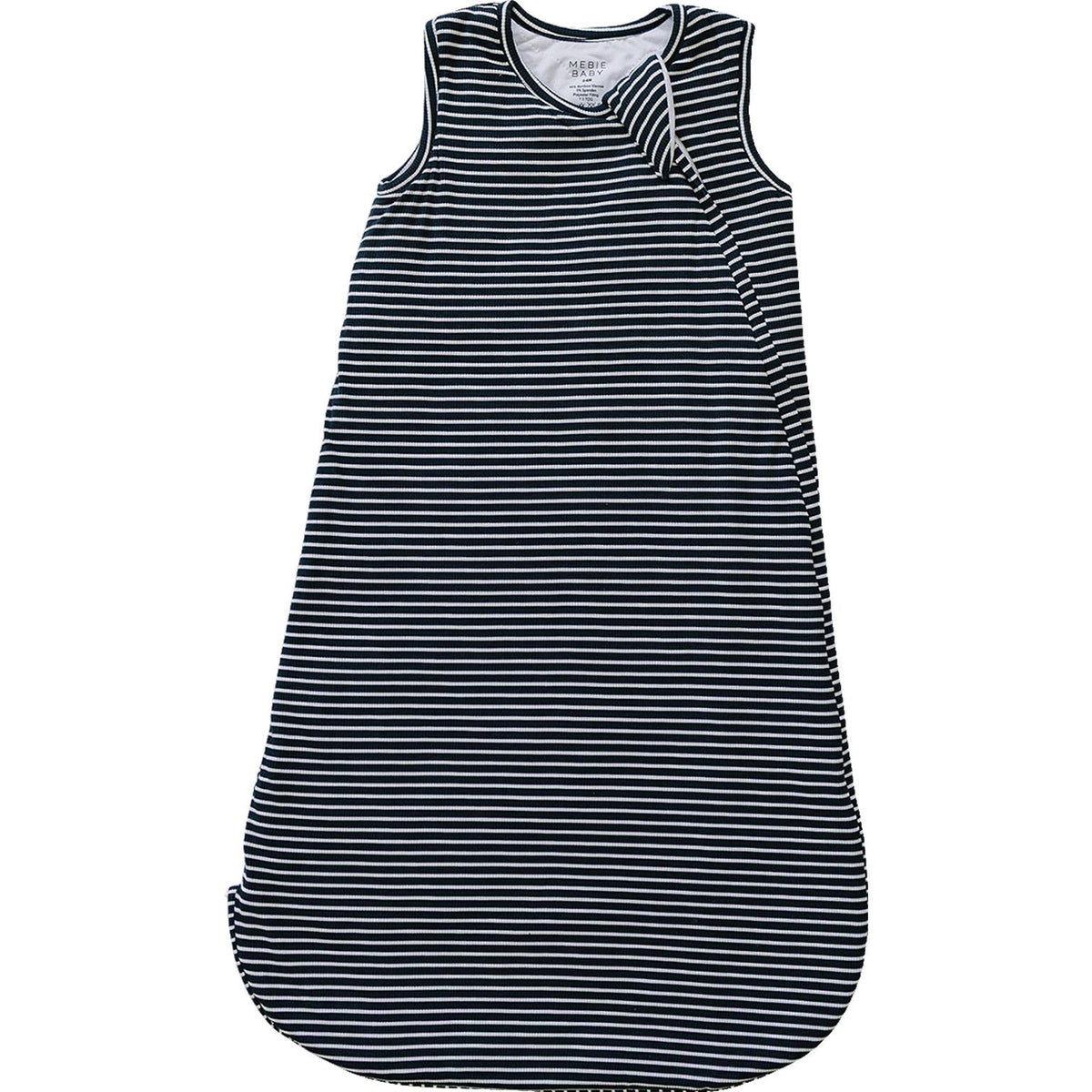 A navy and white striped baby sleep sack lays flat, showcasing its sleeveless design and soft, breathable bamboo fabric. This cozy wearable layer is perfect for keeping little ones comfortable.