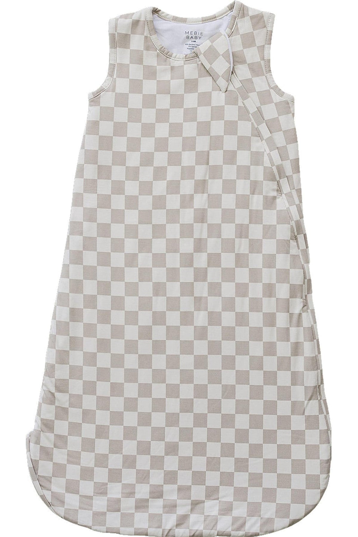 A taupe checkered baby sleep sack made from soft bamboo fabric, featuring a sleeveless design and a secure side snap closure. Ideal for keeping little ones cozy and comfortable.