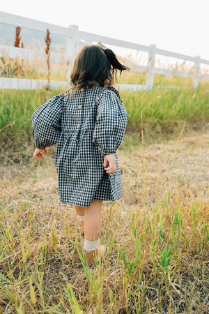 Gingham Long Sleeve Ruffle Linen/Cotton Dress