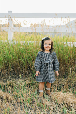 Gingham Long Sleeve Ruffle Linen/Cotton Dress