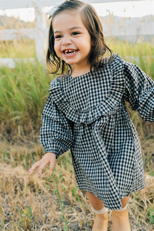 Gingham Long Sleeve Ruffle Linen/Cotton Dress