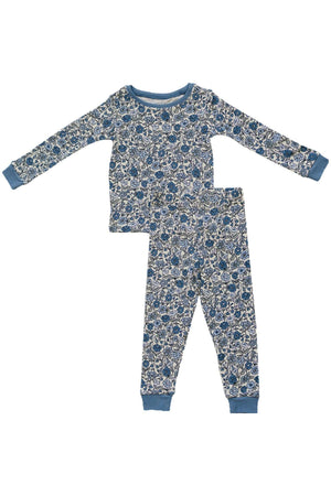 Blue floral pajama set with long sleeves and pants, featuring bluebell cuffs and trim, made from bamboo fabric.