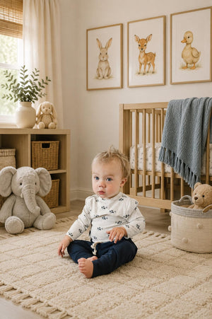 A toddler sits on a plush rug in a cozy nursery, wearing a white bodysuit with animal prints and navy pants.