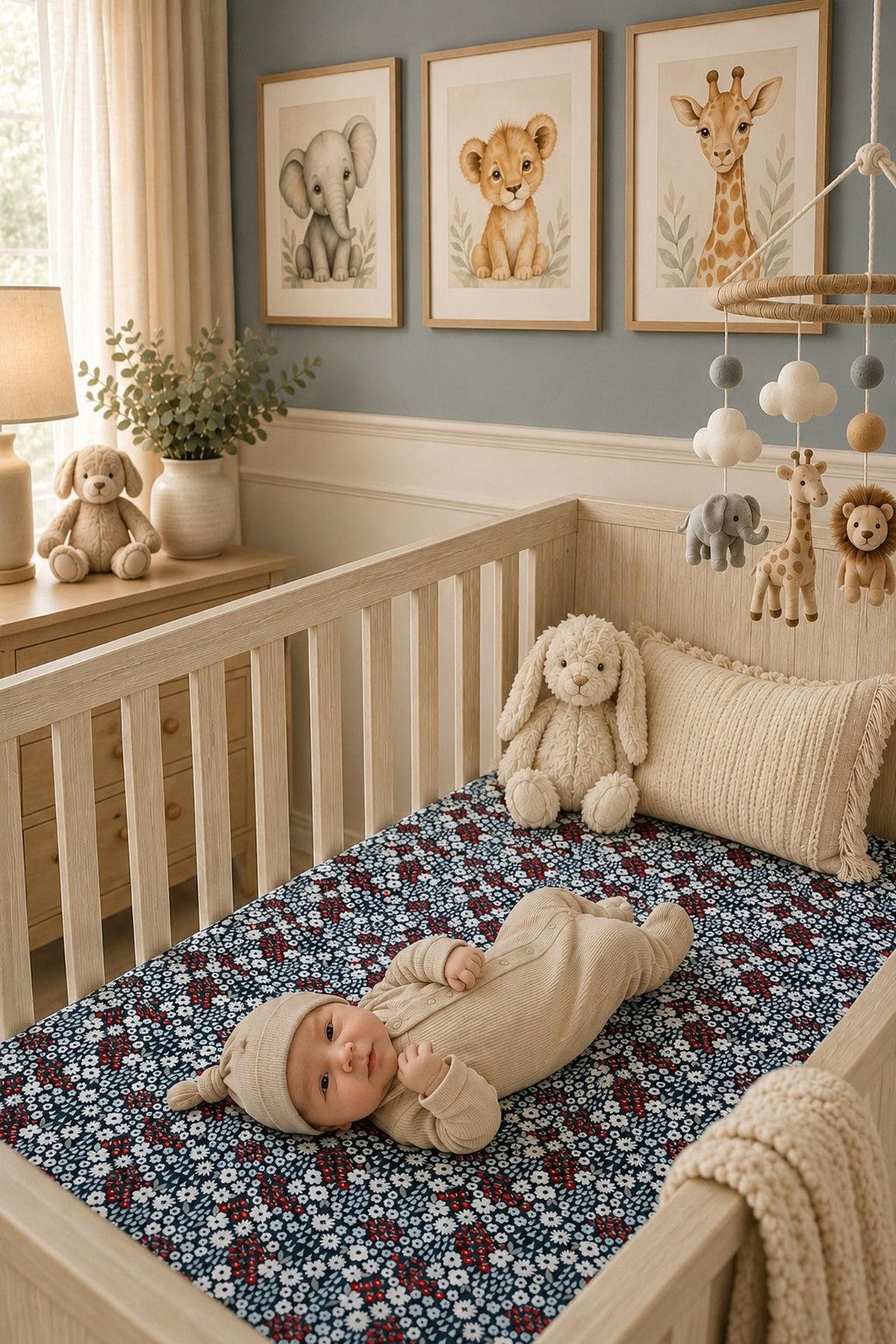A baby in a beige outfit lies on a floral crib sheet featuring navy and red colors.