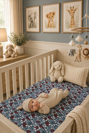 A baby in a beige outfit lies on a floral crib sheet featuring navy and red colors.