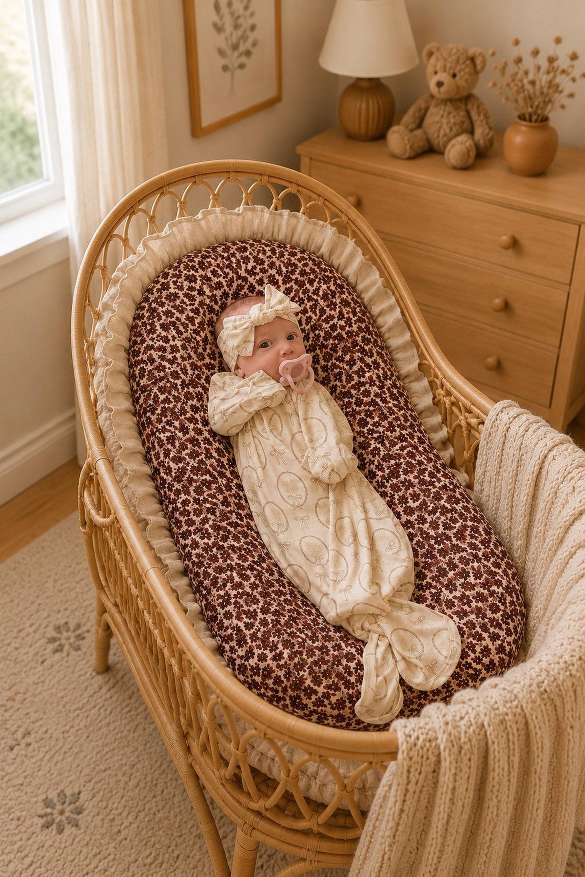 A newborn is peacefully lying in a cozy bassinet, wearing a cream-colored gown with a playful print. The bassinet features a textured, floral-patterned mattress and a soft, neutral blanket.